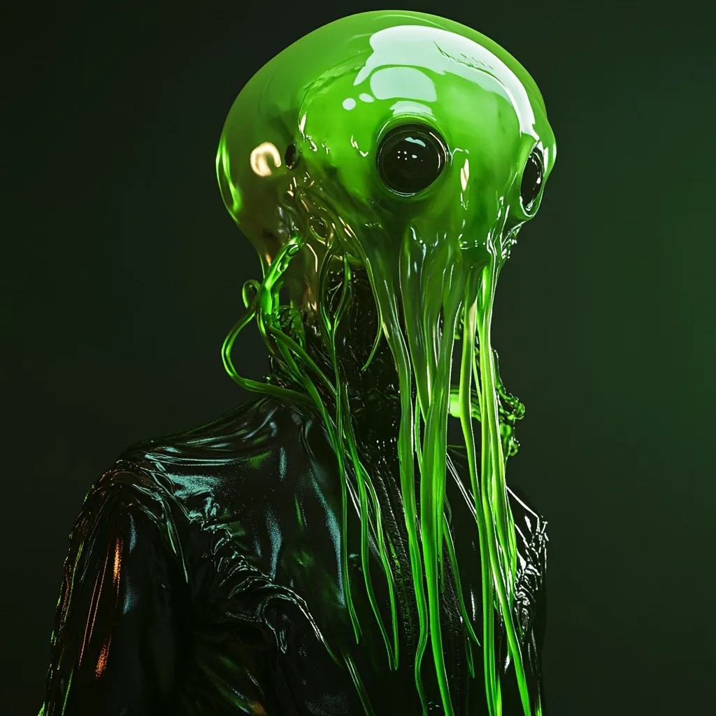 A digital rendering showcases a bio-organic alien figure.  Its head is a translucent, glowing green dome with large, dark eyes.  Long, viscous green tendrils cascade down from the head, partially obscuring a black, glossy bodysuit. The overall aesthetic is dark, futuristic, and slightly unsettling, suggesting a blend of organic and technological elements.  The figure appears to be a singular entity, possibly a creature or a cyborg.
