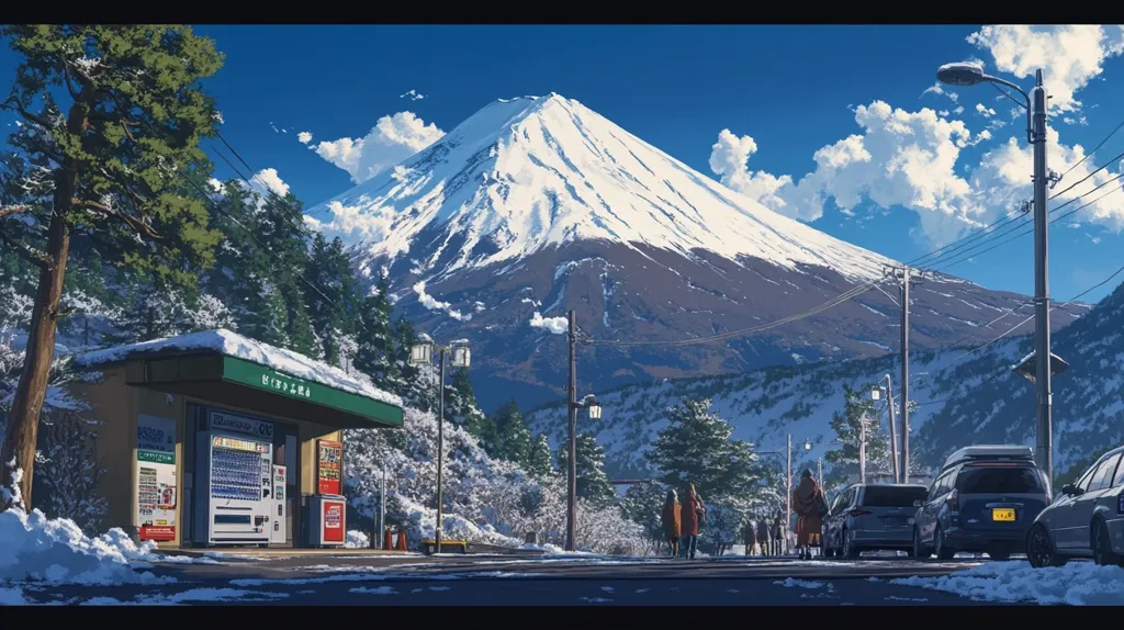 A picturesque winter scene unfolds, showcasing Mount Fuji's snow-capped peak under a vibrant blue sky.  A small roadside building with vending machines sits beside a snow-dusted street where people stroll. Cars are parked along the road, adding to the tranquil atmosphere. The overall style is reminiscent of anime, with clean lines and a serene color palette.  Trees line the road, adding depth and winter charm to the picturesque landscape.