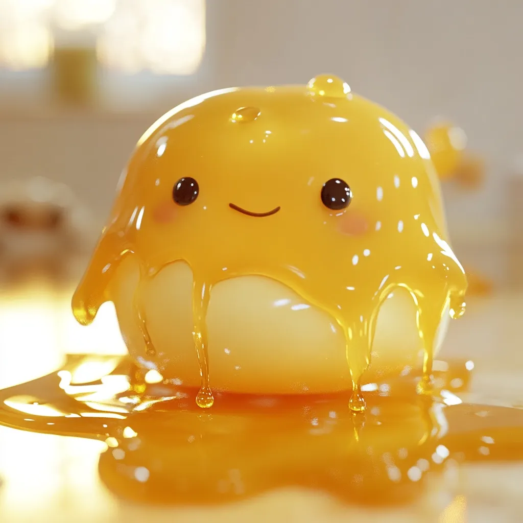 A cute, cartoonish character resembling a mochi or similar dessert is covered in dripping honey.  Its simple, happy face and glossy, golden coating create a whimsical and appealing image. The honey pools around the base, emphasizing the sweet and sticky texture.  The background is softly blurred, focusing attention on the adorable honey-covered treat.