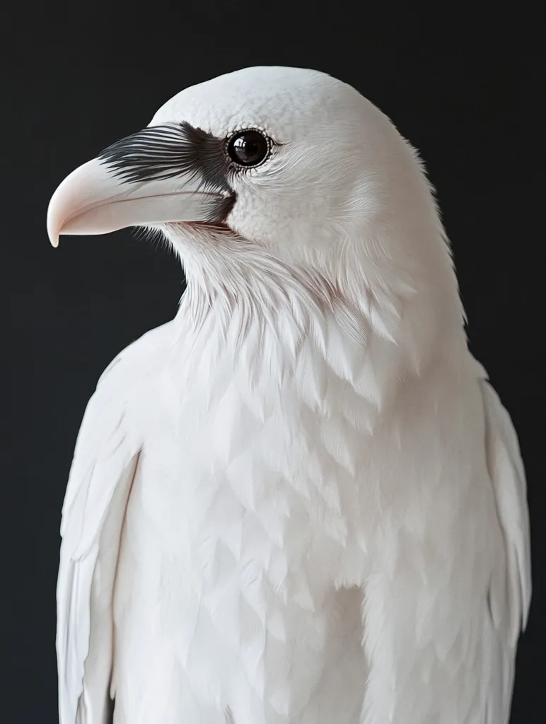 A striking profile view of a leucistic raven.  Its pure white plumage contrasts sharply with its dark, black beak and eyes.  The feathers are meticulously detailed, showcasing a soft, fluffy texture.  The bird is positioned against a stark black background, enhancing its ethereal appearance.  The image emphasizes the beauty and rarity of this unusual coloration.