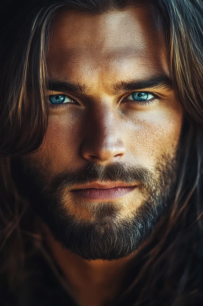 Close-up portrait of a man with long, dark brown hair and a full beard.  His intense gaze is accentuated by striking blue eyes.  The image is sharply focused on his face, highlighting his strong features and textured skin.  The lighting casts subtle shadows, adding depth and contrast to the overall composition.  He has a serious, almost brooding expression.