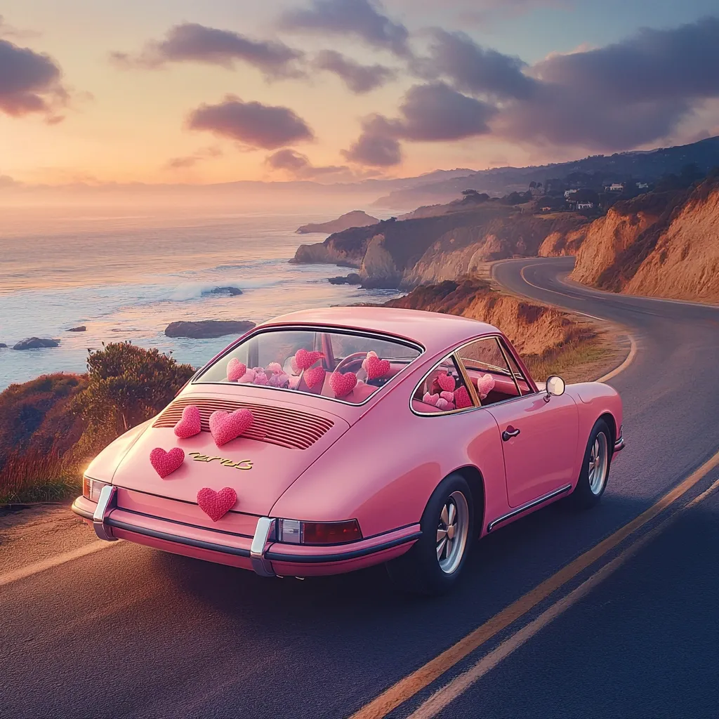 A pink Porsche 911 cruises along a coastal highway at sunset.  The car is adorned with numerous pink heart-shaped decorations, both inside and on the rear. The ocean stretches to the horizon, providing a breathtaking backdrop to this romantic scene. The overall atmosphere is dreamy and idyllic, evoking feelings of love and adventure.