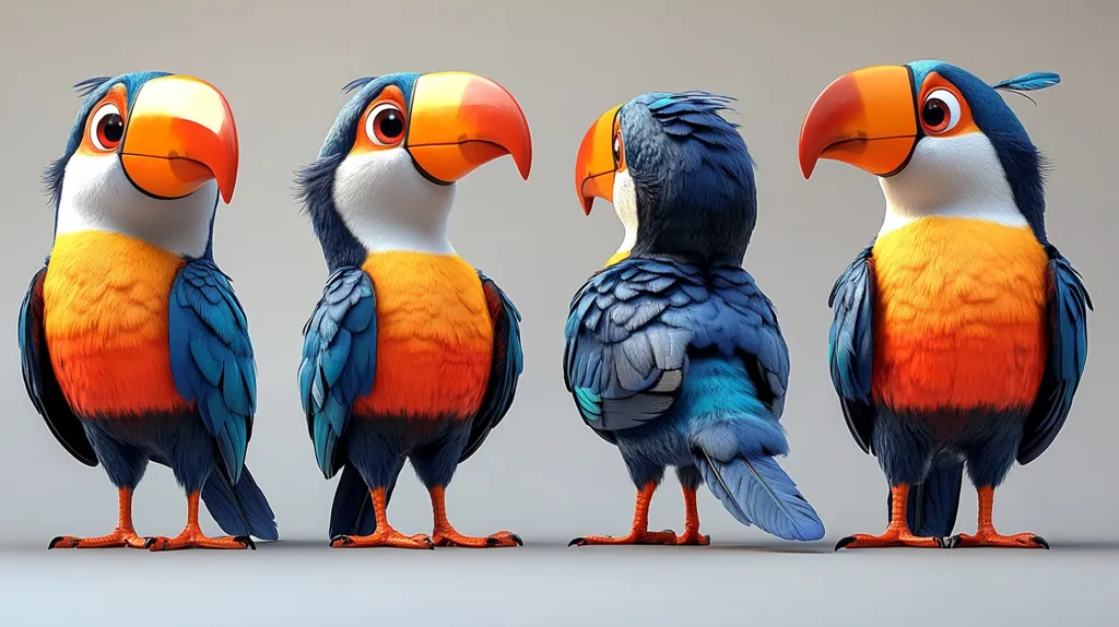 Four stylized toucans are presented in different poses.  Two face forward, showcasing vibrant orange, white, and blue plumage.  Another toucan is shown from the side, highlighting its detailed feathers.  The final toucan is viewed from the back, displaying its full tail feathers.  The birds are cartoonish in style, with large, expressive eyes.