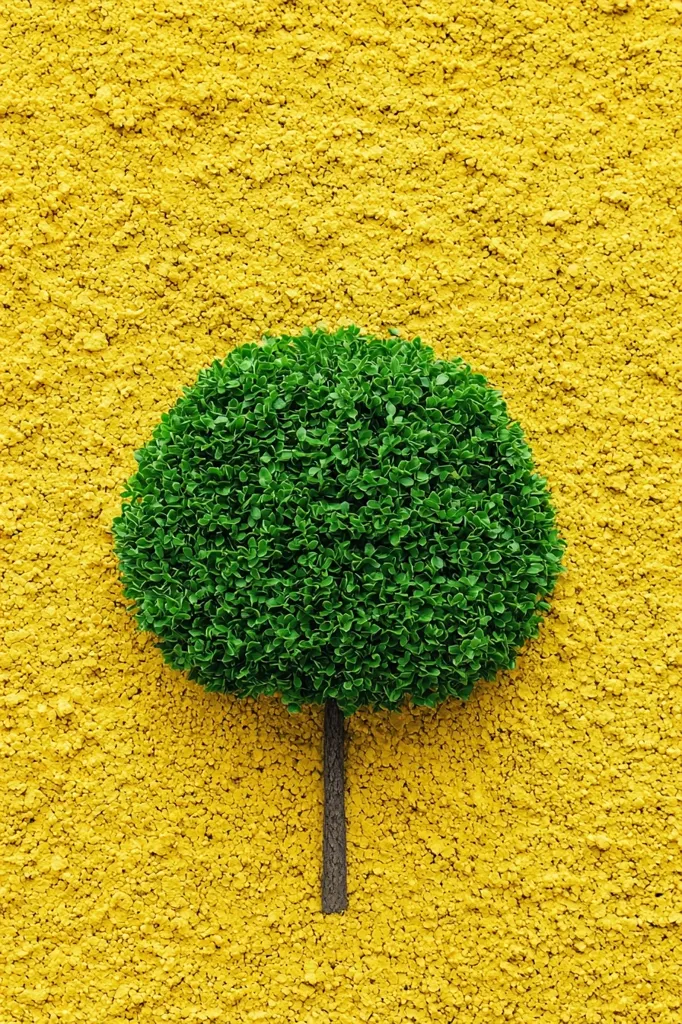 A vibrant green, round topiary tree stands out against a textured yellow background. The tree's lush foliage contrasts sharply with the bright yellow, creating a visually striking image. The texture of the yellow background resembles coarse sand or small pebbles. The dark brown trunk of the tree is slender and extends from the center of the round green canopy to the bottom of the image. The overall composition is simple yet effective in its contrast of colors and textures.