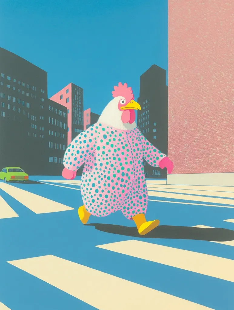A chicken, wearing a pink and teal polka-dotted onesie, confidently strides across a city crosswalk.  Tall buildings form a vibrant backdrop under a clear blue sky. The chicken's yellow boots and the bright colors create a whimsical contrast with the urban setting. A small green car is visible in the distance. The style is bold and graphic, reminiscent of pop art.