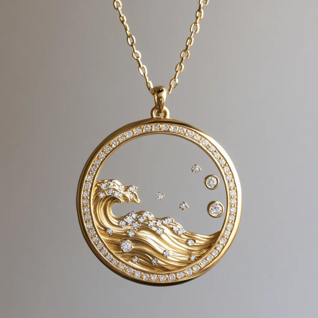 A gold necklace features a circular pendant depicting a stylized wave adorned with diamonds.  Smaller diamonds represent stars within the circular frame, which is also edged with diamonds. The pendant's design suggests a serene seascape, a delicate and luxurious piece of jewelry.