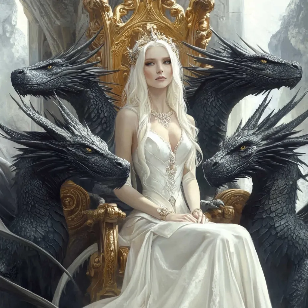 A regal blonde queen, adorned in a flowing white gown and a golden crown, sits majestically upon a gilded throne.  Three imposing black dragons flank her, their heads resting near her shoulders, showcasing her powerful dominion. The scene evokes a fantasy setting, rich in detail and brimming with mythical grandeur.  The queen's serene expression contrasts with the dragons' imposing presence, creating a captivating image.