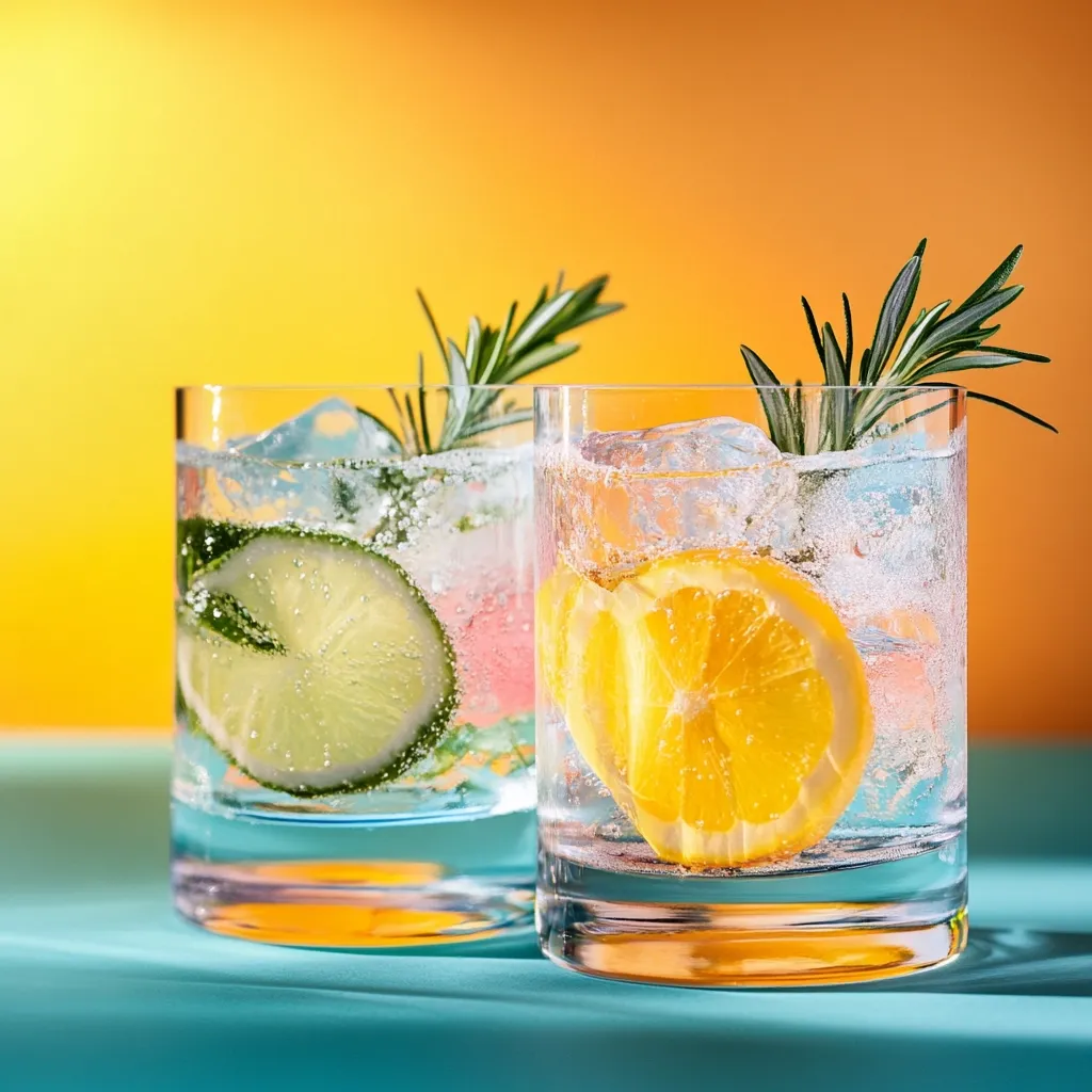 Two refreshing cocktails are presented against a vibrant yellow backdrop.  Each rocks glass is filled with ice, sparkling water, and garnished with citrus fruit slices – lime in one and orange in the other – along with sprigs of rosemary. The drinks appear bubbly and chilled, perfect for a summer occasion. The turquoise surface adds a cool contrast to the warm background.