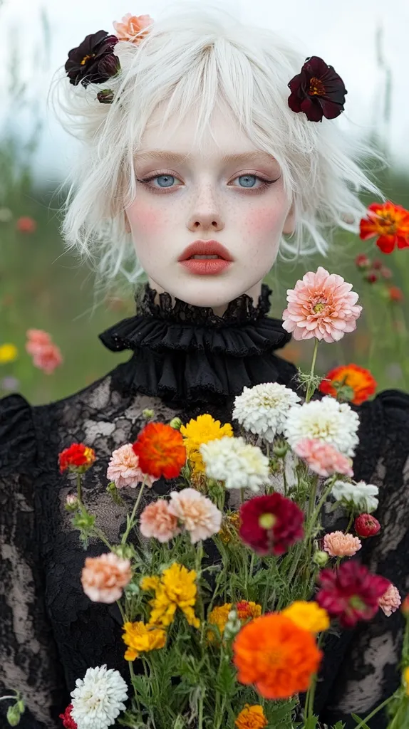A young woman with striking platinum blonde hair and fair skin is the focus of a captivating portrait.  She's adorned with dark flowers in her hair and holds a vibrant bouquet of multicolored blooms close to her chest.  She wears a black lace dress with a ruffled collar, creating a dramatic contrast against her pale complexion and the bright flowers. The overall aesthetic is ethereal and romantic, evoking a sense of delicate beauty.
