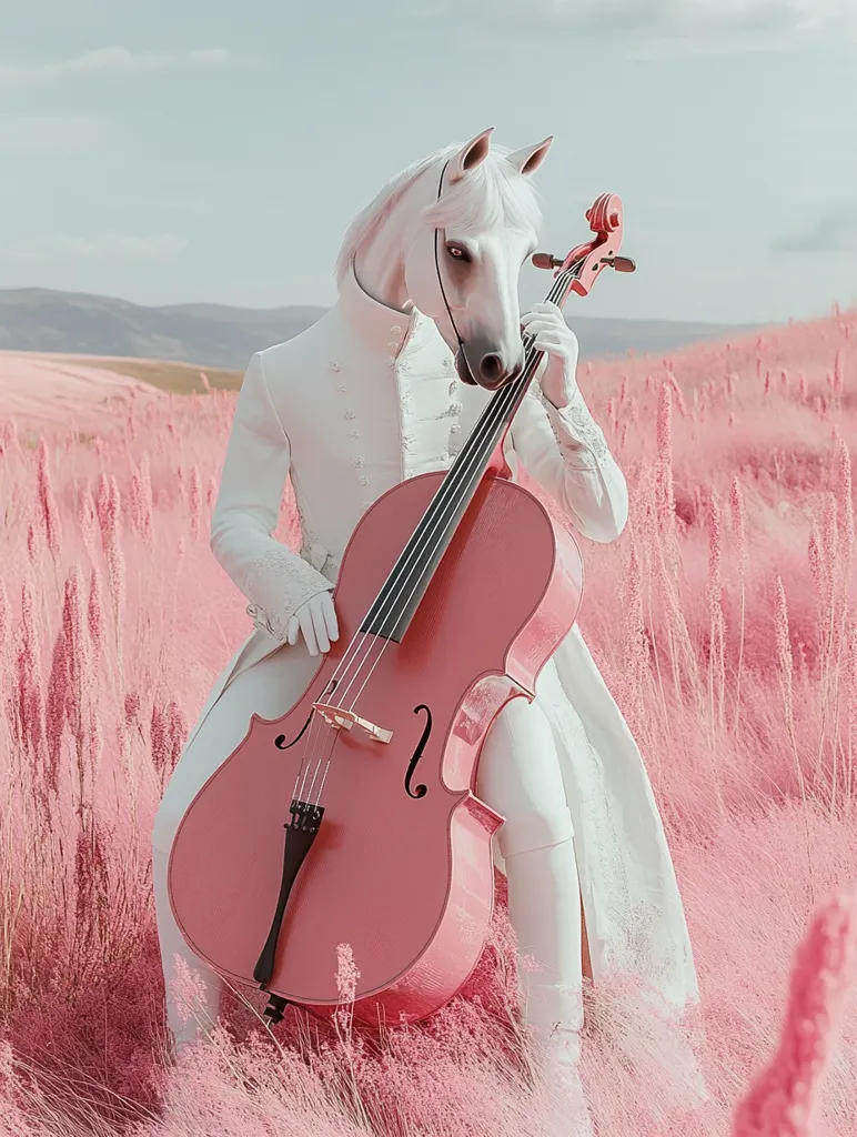 A surreal image depicts a horse's head on a human body, elegantly dressed in white, seated amidst a field of pink grass.  The figure delicately plays a vibrant pink cello. The scene is dreamlike and whimsical, blending fantasy and classical elements in a unique composition.  The soft lighting and pastel tones enhance the ethereal atmosphere.