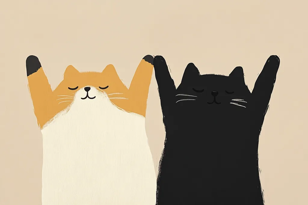 An illustration of two stylized cats, one orange and white, the other black, standing on their hind legs with their paws raised.  Both cats have their eyes closed, appearing serene and content. The art style is minimalist and charming, with a muted color palette and simple lines.  They appear to be giving a high-five.
