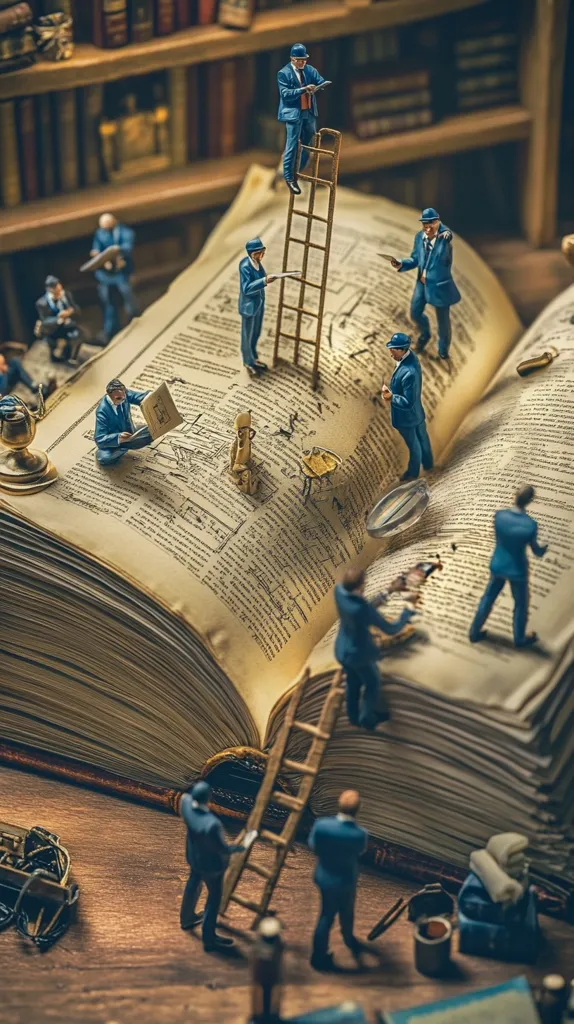 Miniature figures of men in suits are meticulously working on a giant open book, utilizing ladders to reach higher pages.  The book rests on a wooden surface, surrounded by tools and other miniature objects.  A library backdrop suggests a scholarly setting. The scene is a whimsical depiction of research, preservation, or the immense scale of knowledge.