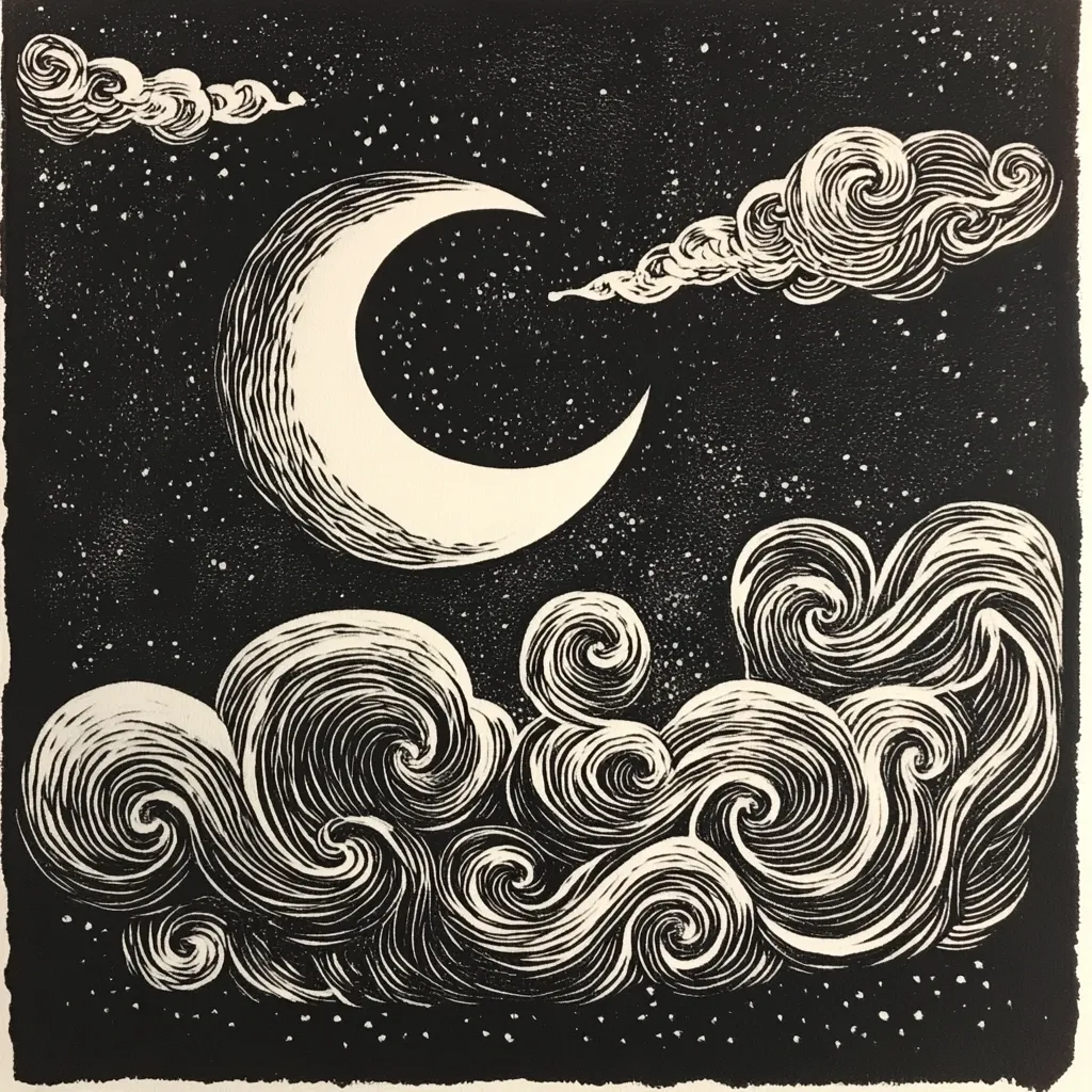 A black and white linocut print depicts a crescent moon nestled amongst swirling clouds against a starry night sky.  The clouds are rendered with intricate, spiraling lines, creating a dynamic and textured effect. The style is reminiscent of Art Nouveau or woodblock prints, with stark contrasts and detailed linework. The overall mood is serene yet dramatic.