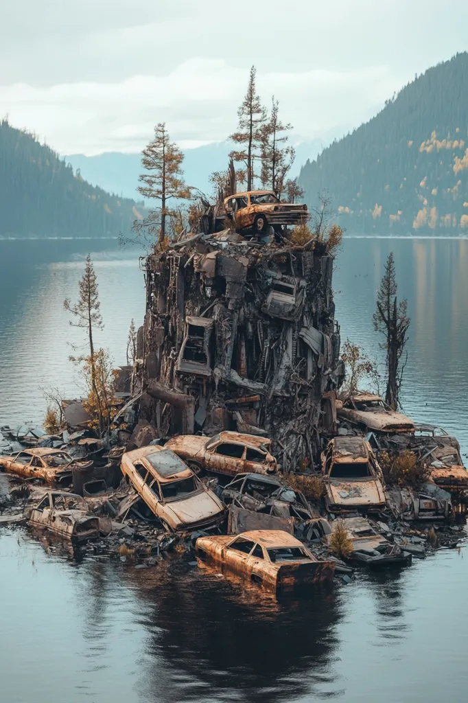A tranquil lake is nestled amidst a serene mountain range.  A small island in the lake is surprisingly composed entirely of rusted, wrecked cars, piled high and forming a bizarre, artificial structure.  Several trees sprout from the decaying metal, creating a surreal and somewhat unsettling landscape. The overall atmosphere is one of quiet decay and unexpected beauty.