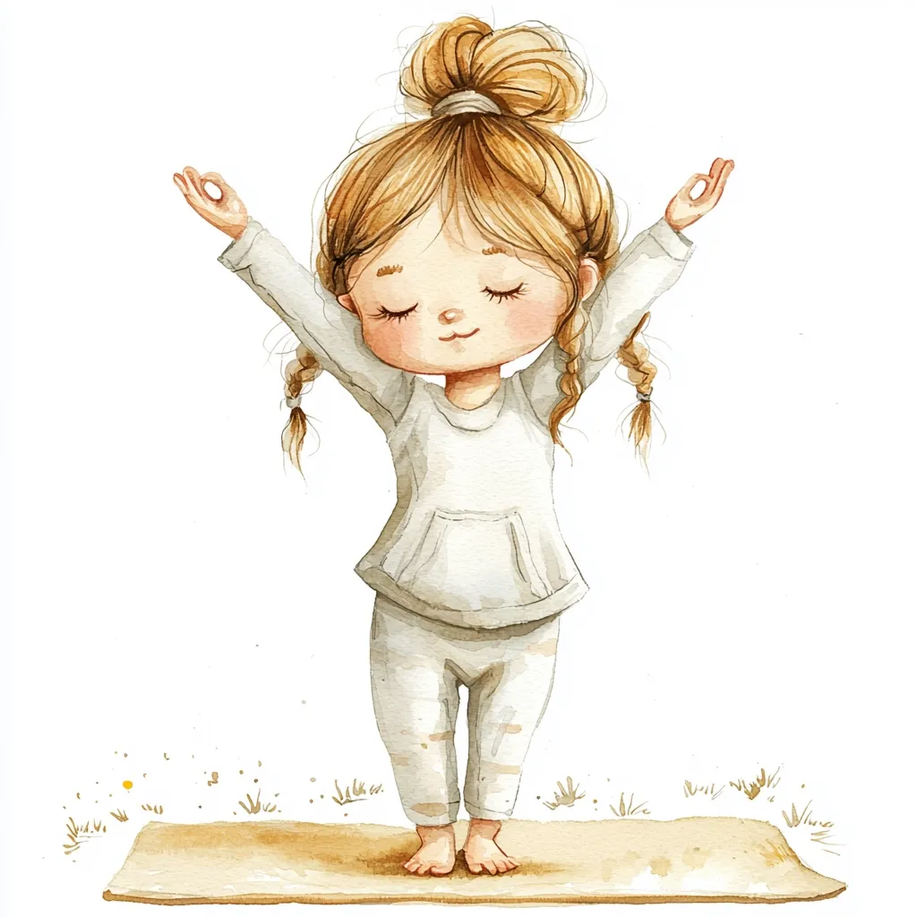A watercolor illustration depicts a cute little girl with blonde hair in a bun, practicing yoga.  She's standing barefoot on a tan mat, arms raised in a peaceful pose, eyes closed.  She wears a light beige sweatshirt and matching pants, suggesting a calm and serene atmosphere. The style is whimsical and childlike.  Sparse, delicate grass adds to the peaceful setting.