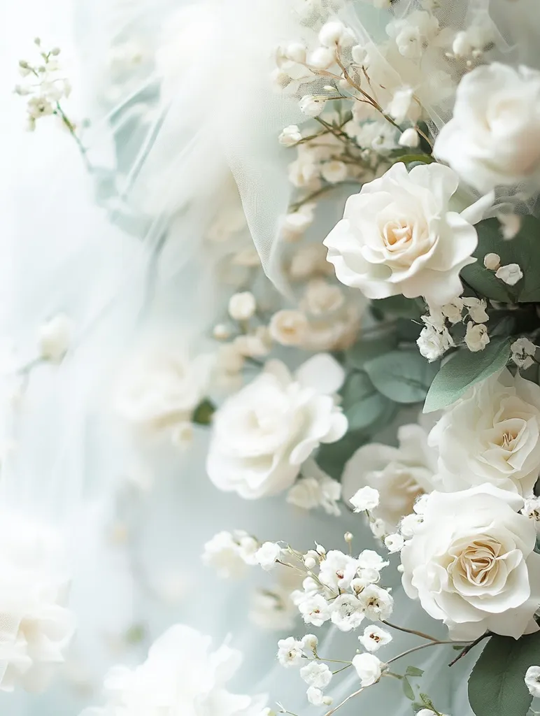 A soft, dreamy image features a bouquet of delicate white roses and baby's breath nestled amongst eucalyptus leaves.  A sheer, light-colored fabric drapes subtly behind the flowers, creating a romantic and ethereal atmosphere. The overall palette is muted and calming, with a focus on the gentle beauty of the blossoms.  The image evokes feelings of purity, serenity, and elegance.