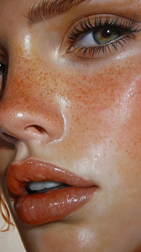 A close-up, hyperrealistic painting of a woman's face.  Her skin is detailed with freckles and a subtle sheen.  Long lashes frame a captivating green eye.  Full, glossy lips in a warm, terracotta shade complete the image, highlighting the artist's skill in capturing texture and light.  The overall effect is one of beauty and intense realism.