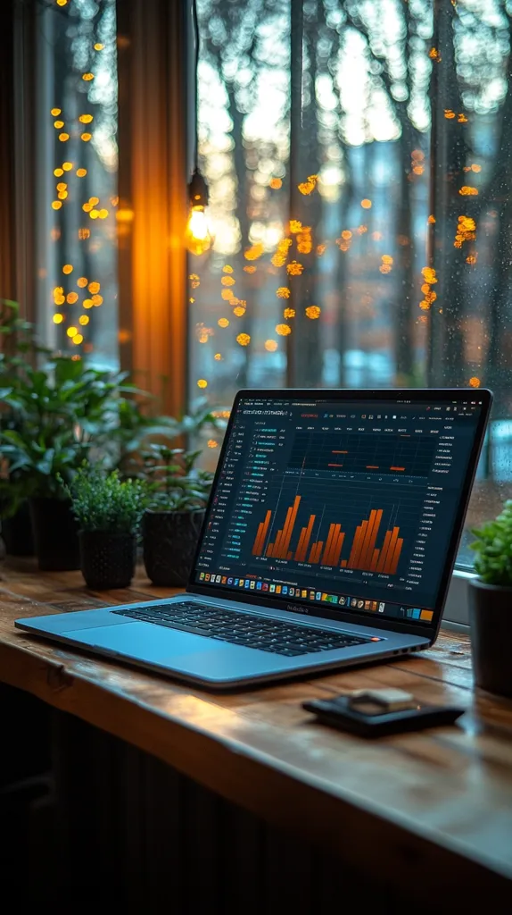 A laptop displaying a data graph sits on a wooden desk in front of a window.  Soft, warm light from a hanging bulb and string lights illuminates the scene, which is further accented by potted plants. The blurred background shows a rainy day outside, creating a cozy and productive atmosphere.  The overall mood is calm and focused.