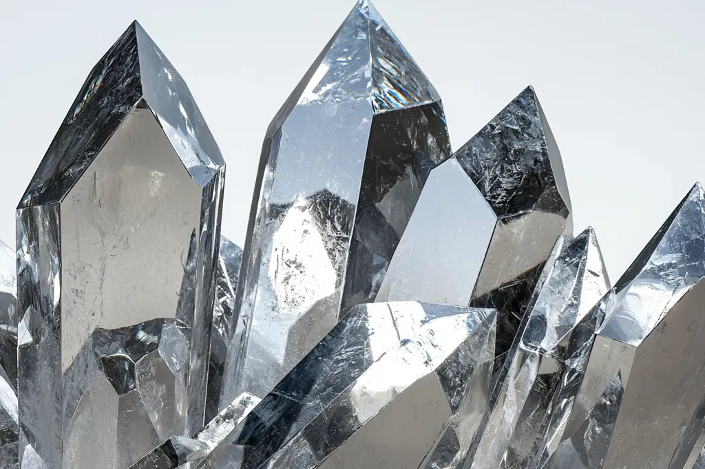 A cluster of large, sharply pointed quartz crystals dominates the image.  Their surfaces are highly reflective, showcasing a spectrum of greys and shimmering highlights.  The crystals interlock, creating a complex and visually striking arrangement against a plain white background.  The image emphasizes the crystalline structure and the play of light on the polished surfaces.