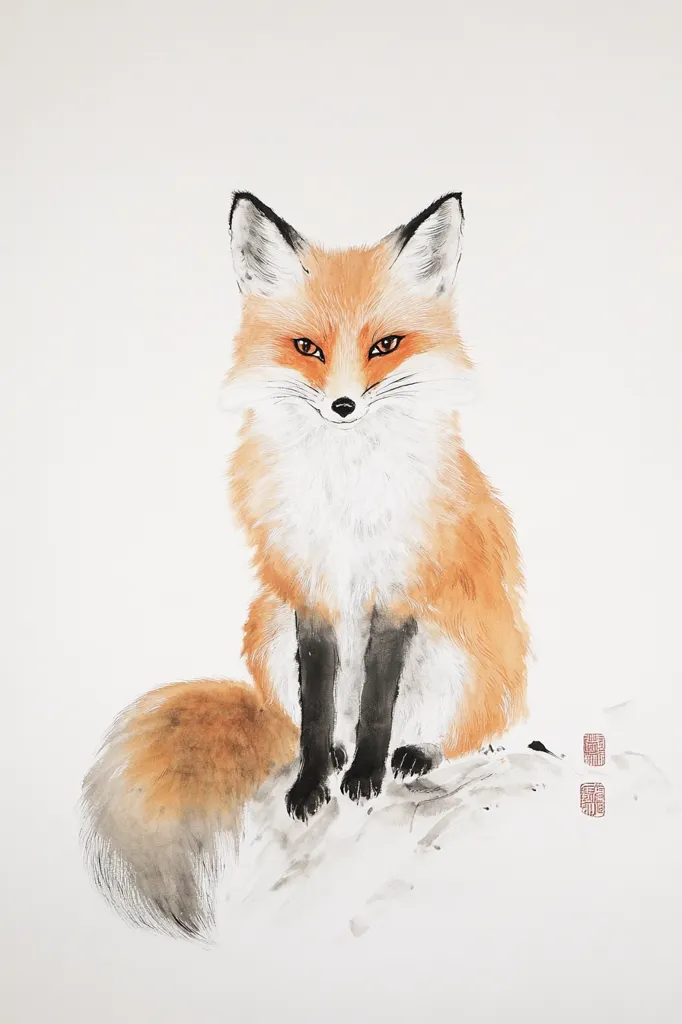 A red fox is depicted in a watercolor painting, sitting alertly. Its fur is rendered with soft, flowing brushstrokes, showcasing a blend of orange, white, and black. The fox's gaze is direct, engaging the viewer, and its bushy tail extends behind it. The background is a minimalist, light wash of color, providing a stark contrast to the detailed fox.  Two small, red stamps are subtly placed in the lower right corner, adding an artistic touch.