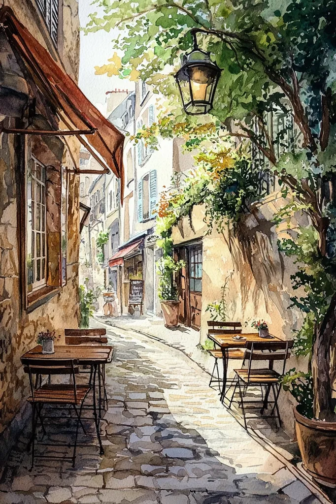 A watercolor painting depicts a sun-drenched cobblestone alleyway in a European town.  Two bistro tables with chairs sit under the shade of overhanging trees, creating a tranquil café scene.  Buildings with awnings line the street, their aged stone walls suggesting history.  A lamppost hangs from a tree branch, casting dappled light on the path. The overall atmosphere is peaceful and inviting.