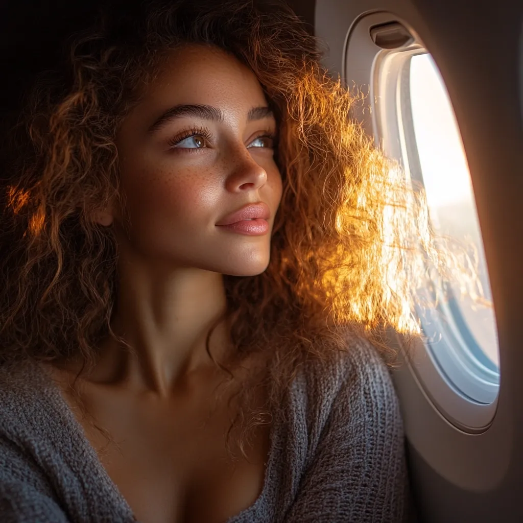 A young woman with long, curly brown hair sits by an airplane window, gazing out at the sunset.  Golden light illuminates her face and hair, highlighting her freckles and warm complexion. She's wearing a soft, gray sweater, and her expression is serene and contemplative. The overall mood is peaceful and evocative of travel and golden hour.