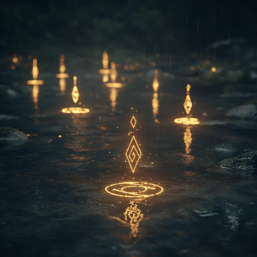 Golden geometric symbols float on a dark, rain-swept stream.  Several glowing runes are scattered across the water, their reflections shimmering.  The central rune is larger and more complex, creating a mystical and ethereal atmosphere in the dark forest setting.  The scene evokes a sense of magic and wonder.