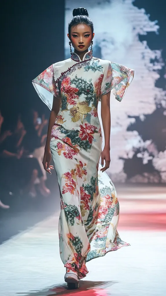 A model walks a runway in a stunning floor-length gown. The dress, in a cream base, features a vibrant floral print in shades of red, pink, and green.  The design incorporates elements of traditional Chinese cheongsam styling with a high collar and short, flared sleeves.  The model's hair is styled in a neat bun, complementing the elegant and sophisticated look of the outfit.