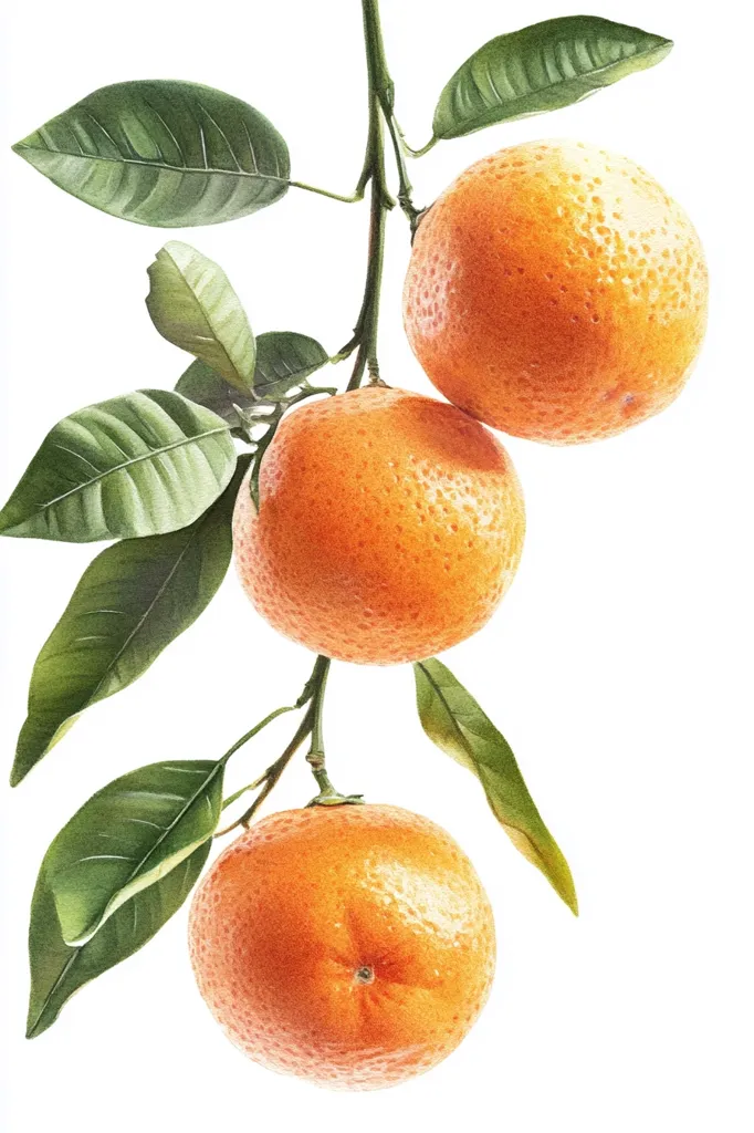 A watercolor painting showcases three ripe oranges hanging from a branch adorned with vibrant green leaves.  The oranges are depicted with meticulous detail, highlighting their texture and color variations. The leaves are lush and verdant, contrasting beautifully with the oranges' warm hues. The overall composition is clean and simple, emphasizing the natural beauty of the citrus fruit.