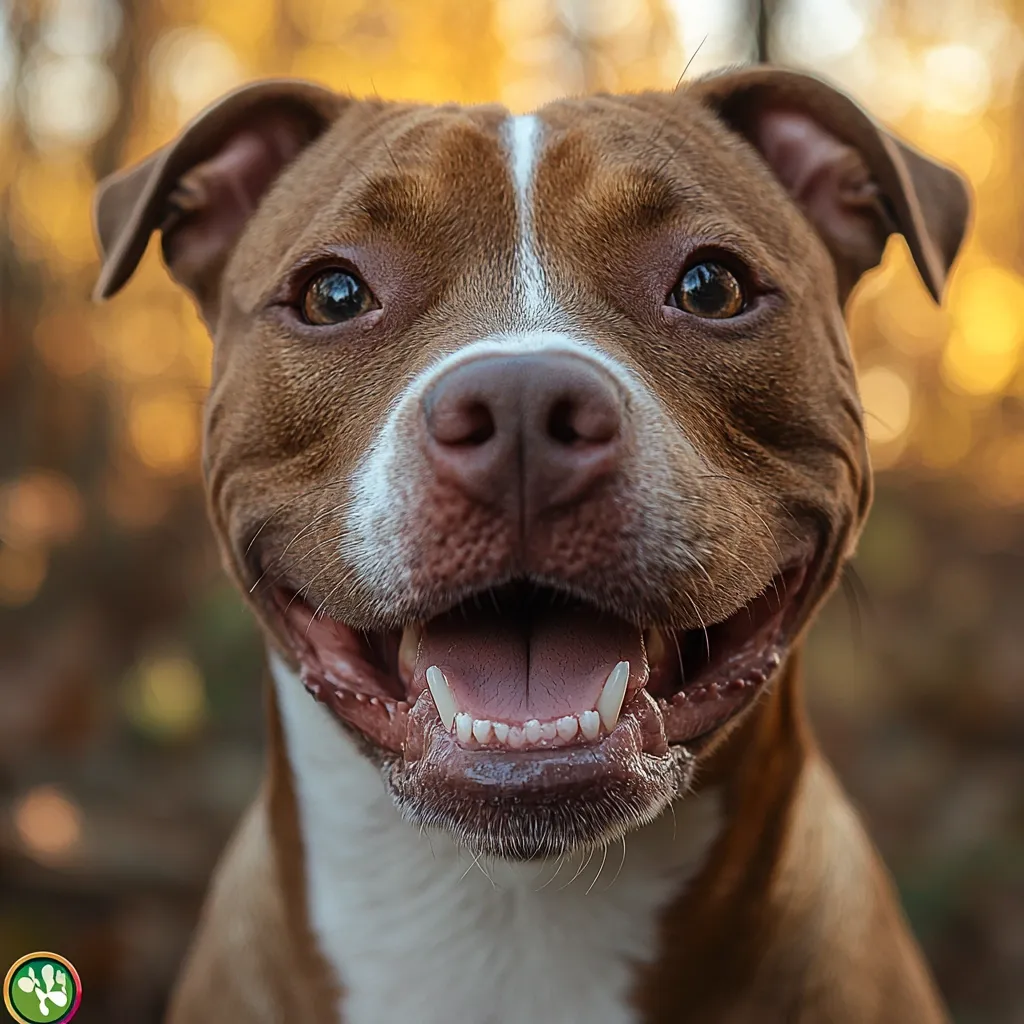 A close-up shot of a brown and white Pit Bull Terrier.  The dog is smiling broadly, revealing its teeth.  Its eyes are large and expressive, and its fur appears short and smooth. The background is blurred, showing autumnal colors, suggesting an outdoor setting. The dog's joyful expression is the focus of the image.