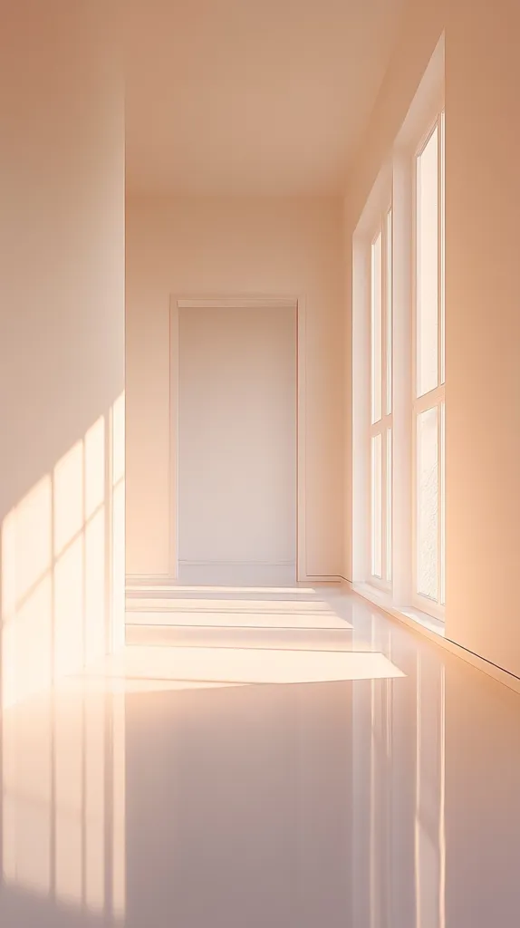 Sunlight streams into a minimalist hallway, illuminating a pale peach interior.  A door leads to another room, while large windows on the right allow ample natural light. The glossy floor reflects the soft light, creating a serene and peaceful atmosphere.  Clean lines and simple design dominate the space.