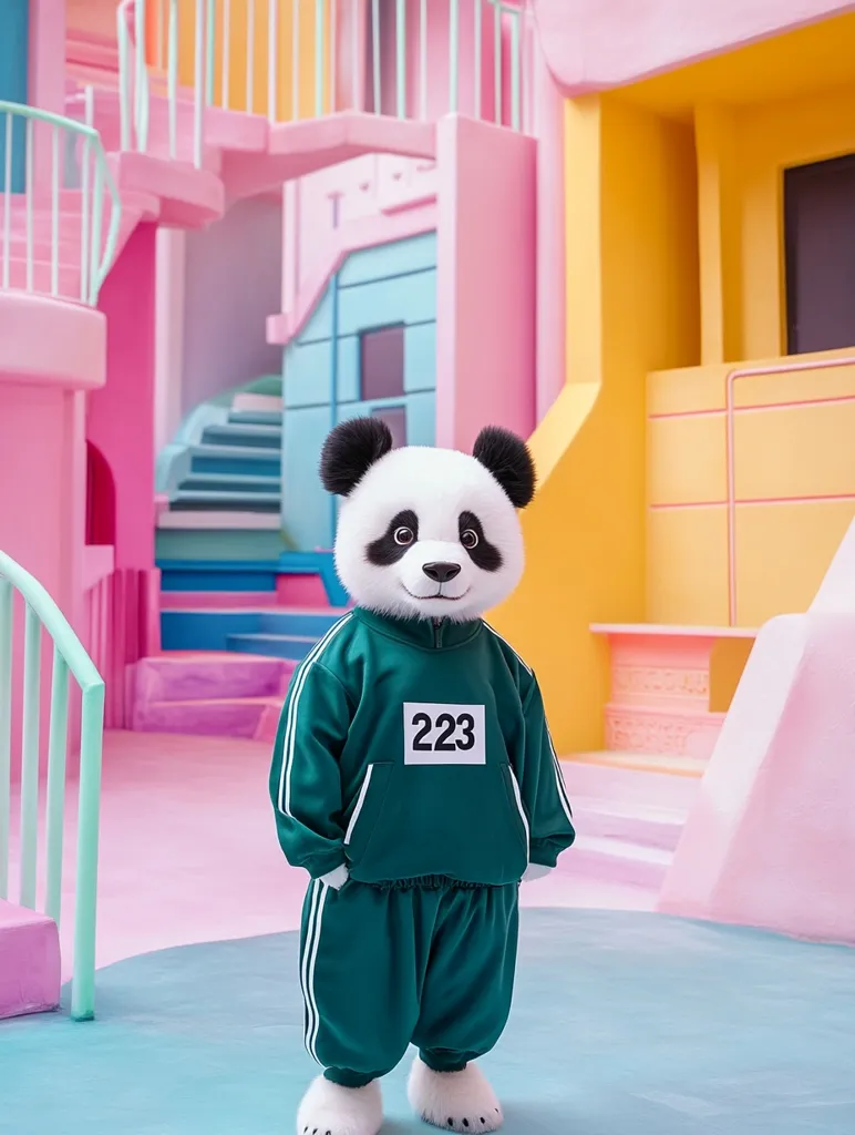 A panda wearing a green tracksuit with the number 223 stands in a colorful, playful setting.  The background features pastel-colored buildings with stairs and railings, creating a whimsical, almost childlike environment. The panda's expression is calm and friendly, adding to the overall cheerful atmosphere of the image.