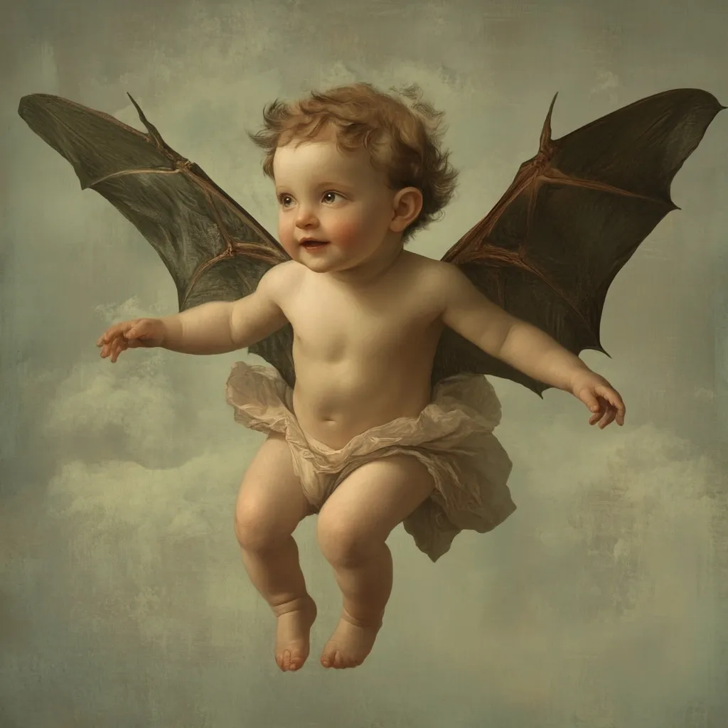 A cherubic baby, with rosy cheeks and curly hair, floats amidst soft clouds.  The infant is depicted with large, dark, bat-like wings, creating a striking contrast between innocence and a hint of darkness. The baby's diapered bottom and slightly chubby frame enhance the image's ethereal and slightly unsettling quality. The painting style is reminiscent of classical portraiture, using soft tones and a muted palette.