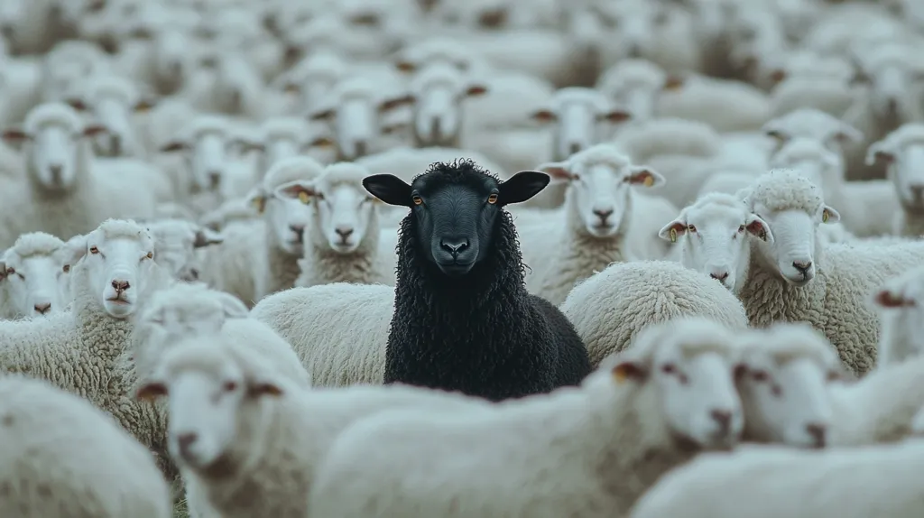 A single black sheep stands out prominently in a large flock of white sheep.  The black sheep is positioned centrally, gazing directly at the viewer, creating a stark contrast against the uniformity of the surrounding white sheep.  The image evokes a sense of individuality and difference within a homogenous group.