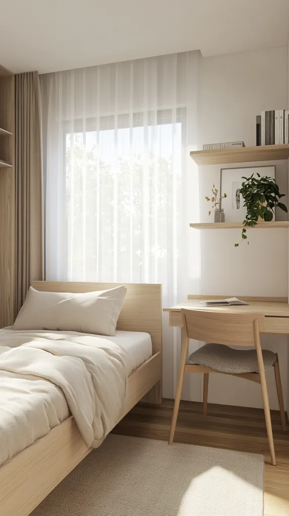 A minimalist bedroom features a light wood single bed with beige linens, positioned near a window draped with sheer curtains.  A small, light wood desk and chair sit against the wall, which also holds floating shelves displaying books and plants.  The overall aesthetic is calm and serene, with a light and airy feel.  A light beige rug sits under the bed.