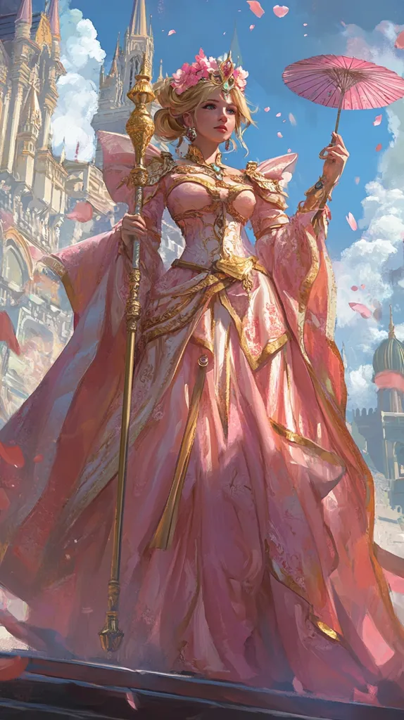 A princess, adorned in a flowing pink gown and golden embellishments, stands gracefully.  She holds a golden staff and a delicate pink parasol.  Her blonde hair is styled elegantly, and a floral crown rests upon her head.  A majestic castle forms a breathtaking backdrop, enhancing the regal atmosphere of the scene.  Pink petals flutter around her, adding a touch of magical charm.