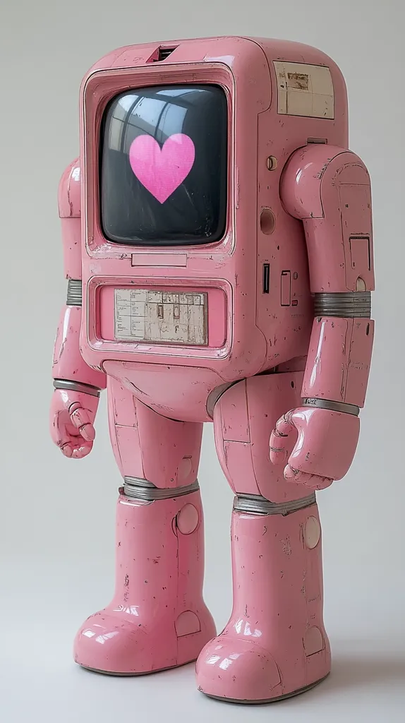 A charming, pink robot stands against a light gray background.  Its body resembles a vintage television set, with a small, pink heart displayed on the screen. The robot's design is retro-futuristic, featuring rounded edges, metallic accents, and a slightly worn appearance, suggesting age or character.  It has sturdy, boot-like feet, completing its endearing and unique aesthetic.