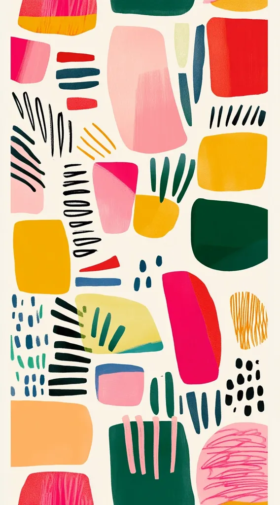 A vibrant abstract artwork features an array of colorful shapes and patterns on a cream background.  Bold blocks of pink, orange, yellow, red, and green are interspersed with black lines, scribbles, and dots.  The style is playful and energetic, with a mix of organic and geometric elements creating a visually stimulating composition. The overall effect is cheerful and modern.