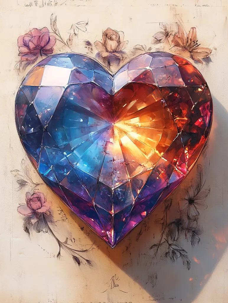 A radiant heart-shaped gemstone, multifaceted and iridescent, dominates the artwork.  Its colors shift from cool blues and purples to warm oranges and reds, suggesting inner light.  Delicate pencil sketches of roses and flowers softly frame the gem, adding a romantic and ethereal touch to the piece. The background hints at design sketches, enhancing the artistic feel.