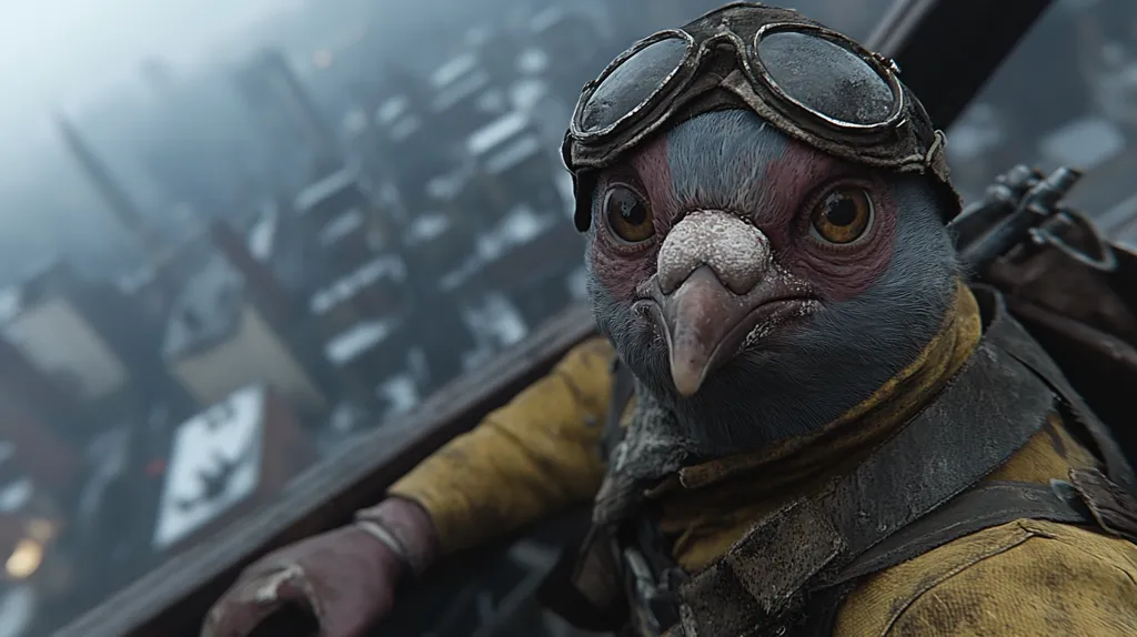 Close-up view of an anthropomorphic pigeon wearing aviator goggles and a worn, mustard-yellow flight suit.  The pigeon's expression is serious, and it appears to be perched on some kind of vehicle or structure.  A snowy, war-torn cityscape is blurred in the background, suggesting a post-apocalyptic or wartime setting. The image evokes a sense of gritty realism and adventure.