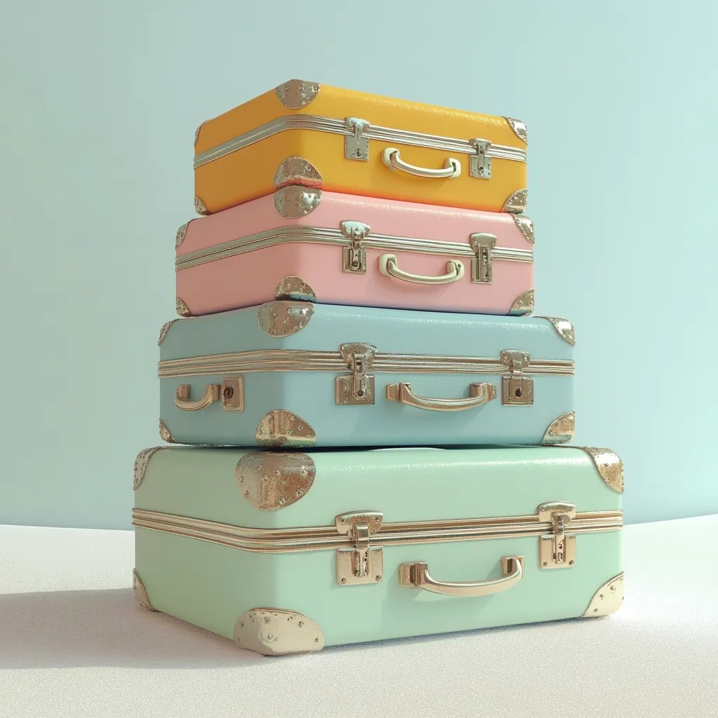 A stack of four pastel-colored vintage suitcases sits on a white surface against a light blue background.  The suitcases are stacked largest to smallest, with colors ranging from a pale mint green at the bottom to yellow at the top, with light blue and pink in between.  Each suitcase features gold-toned hardware, adding a touch of elegance to their retro design.  The scene evokes a sense of travel and nostalgia.
