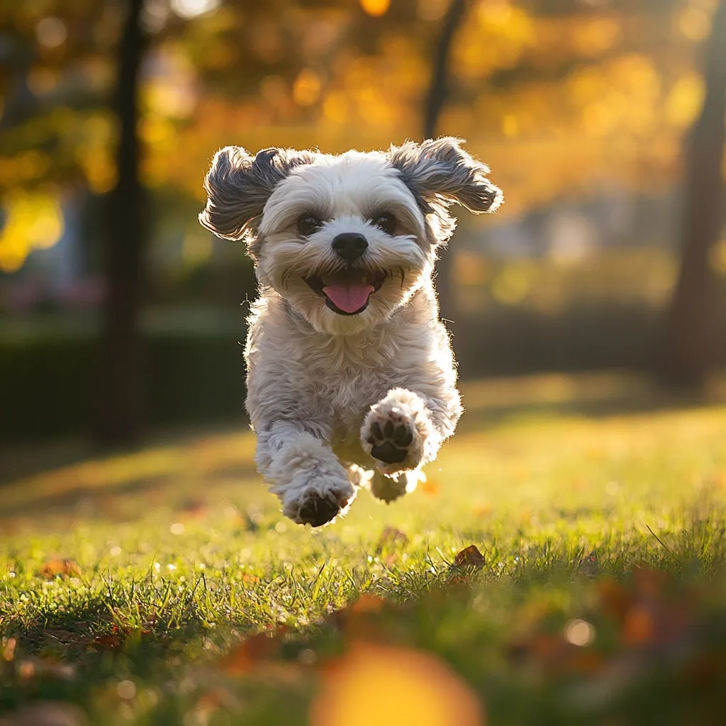 A small, fluffy dog with gray and white fur joyfully leaps through the air.  Its tongue hangs out in a happy expression, paws extended.  The background is blurred, showcasing an autumnal setting with golden leaves and sunlight. The overall image evokes feelings of joy and carefree energy.
