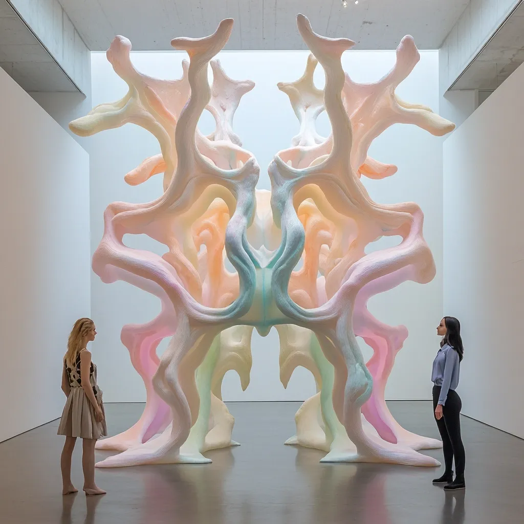 A large, abstract pastel-colored sculpture dominates a minimalist gallery space.  Its organic, branching form resembles a stylized coral or tree, with a symmetrical, almost mirrored design. Two women stand observing the artwork, providing a sense of scale and highlighting the sculpture's imposing presence. The smooth, sculpted surface of the piece reflects light, creating subtle variations in its delicate hues.