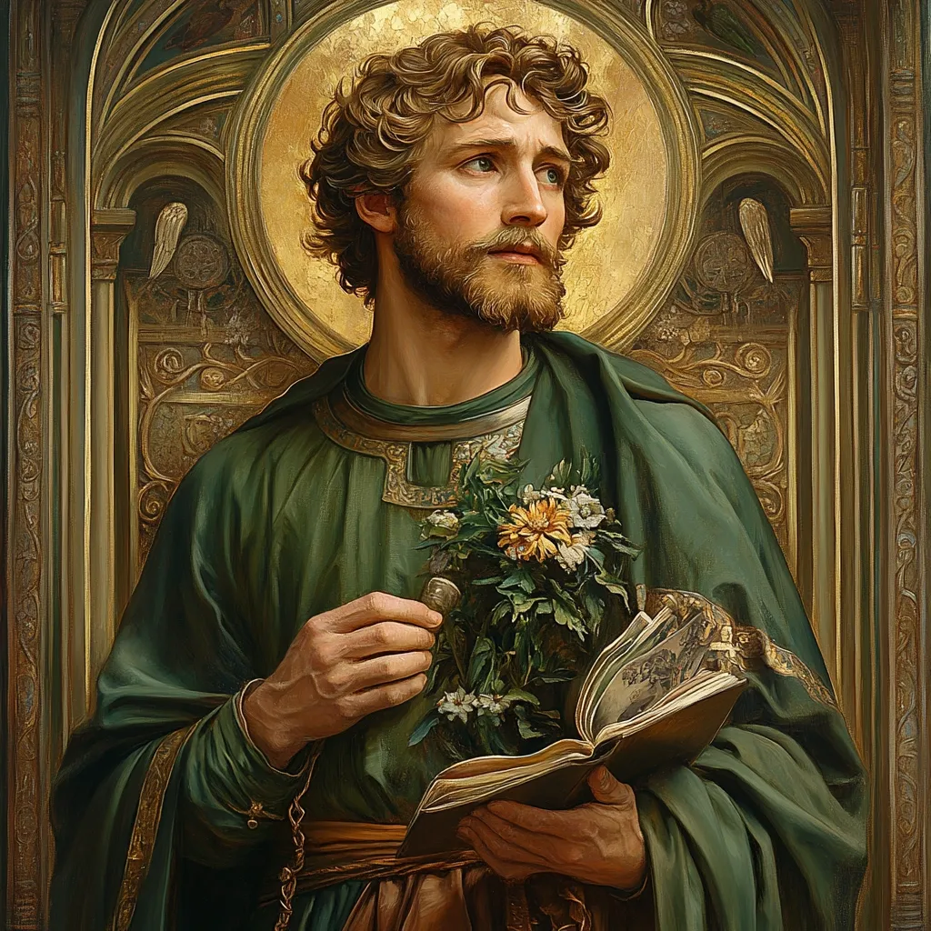 A meticulously detailed painting depicts Saint Jude Thaddeus, a young man with curly brown hair and a beard, clad in a rich green robe. He holds a bouquet of flowers and an open book, his gaze directed upward.  The ornate gold frame and halo accentuate the religious iconography, creating a serene and devotional atmosphere. The style is reminiscent of classical religious portraiture.