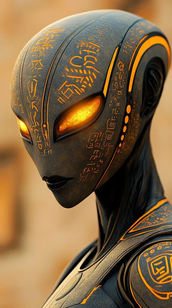A close-up reveals a futuristic robotic figure, its head sculpted with intricate, glowing orange glyphs etched onto a dark metallic surface.  The robot's eyes emit a similar fiery orange light, adding to its otherworldly aura.  The detailed texture suggests a weathered, ancient technology, blending futuristic design with archaic aesthetics.  The overall impression is one of advanced, possibly alien, craftsmanship.