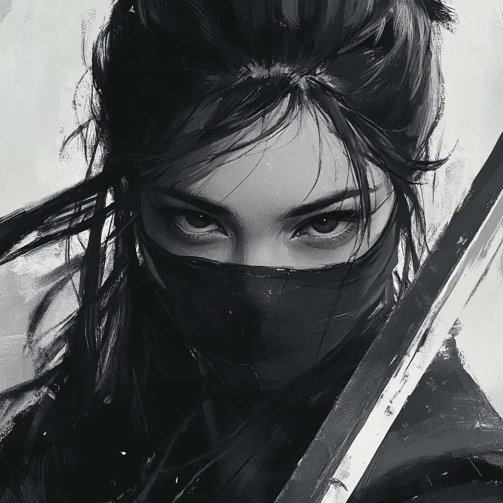 A dramatic monochrome portrait of a female warrior.  Her dark hair is pulled back, and she wears a concealing mask, only her intense eyes visible. A katana, sharply defined against the softer background, is partially visible. The style is painterly, with visible brushstrokes adding texture and depth, creating a strong and mysterious image.  The focus is on her gaze, conveying power and determination.