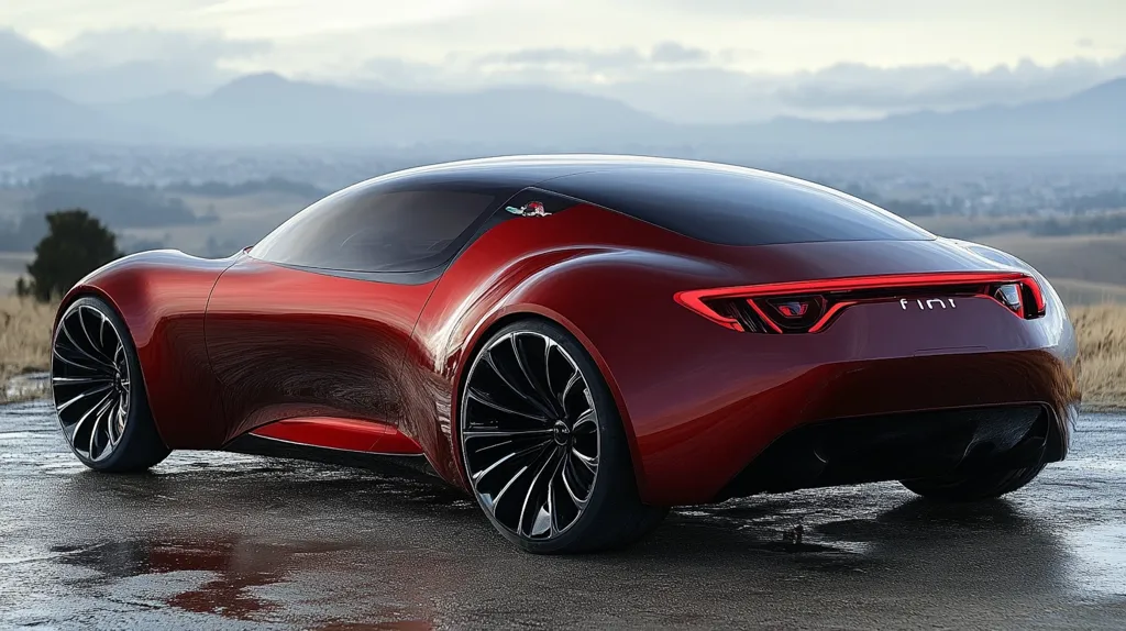 A vibrant red FInI sports car is showcased against a picturesque backdrop of rolling hills and a cloudy sky.  The sleek, modern design is highlighted by its distinctive black rims and a panoramic glass roof.  The car's rear is emphasized, displaying the FInI logo and stylish taillights. The wet asphalt reflects the car's stunning curves.