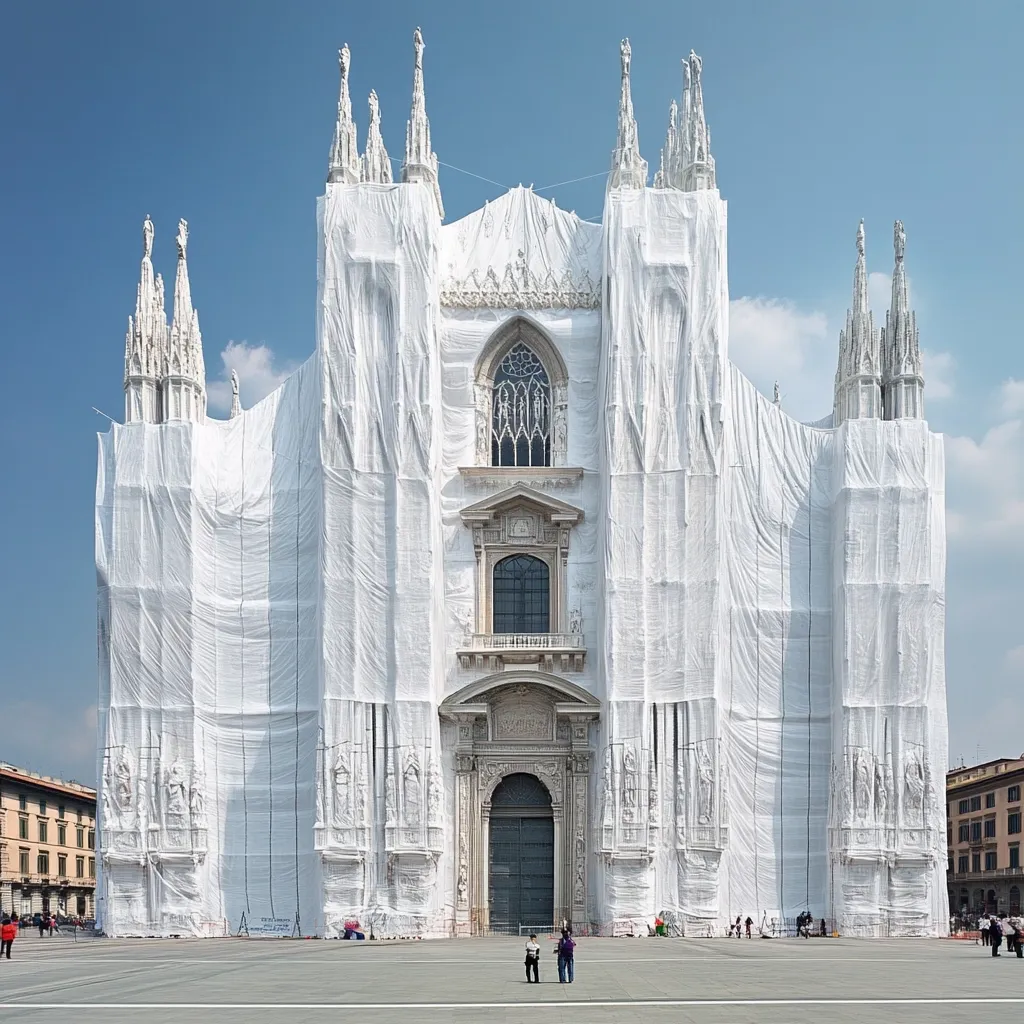 The Milan Cathedral, a masterpiece of Gothic architecture, is completely enveloped in white protective sheeting.  The fabric obscures the intricate details of the façade, leaving only the main entrance and a few architectural features visible.  A few people stand in the plaza before the covered cathedral under a clear blue sky. The scene presents a striking contrast between the ornate building and its temporary, uniform covering.