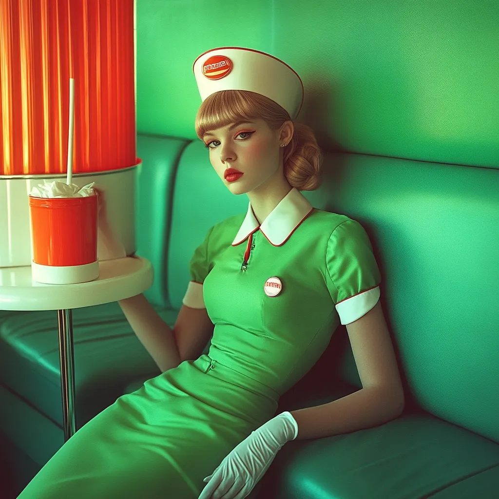 A young woman in a retro-style lime green diner uniform sits on a teal booth.  She wears a white cap with a logo, white gloves, and a matching button.  A milkshake or soda sits on a small table beside her. The overall aesthetic is vintage and stylized, reminiscent of 1950s Americana.  Her expression is serious and her pose is elegant.