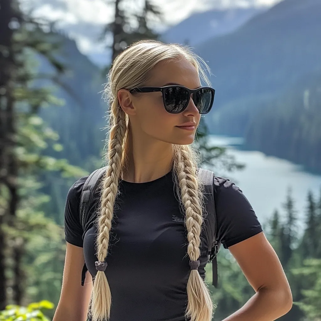 A blonde woman with long, braided pigtails stands outdoors, wearing black sunglasses and a black short-sleeved shirt.  She has a backpack strap visible on her shoulder.  A scenic background of mountains and a lake is blurred, suggesting a hiking or outdoor adventure setting.  The sun illuminates her face and hair, creating a bright and vibrant image.